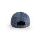 Back view of a blue denim baseball cap with an adjustable strap and brass buckle.