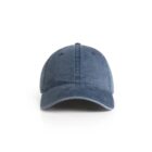 Front view of a blue denim baseball cap on a white background.