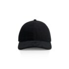 Black baseball cap viewed from the front on a plain white background.