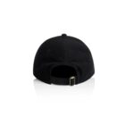 Black baseball cap shown from the back, with an adjustable strap and metal buckle.