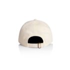 Back view of a plain beige baseball cap with an adjustable strap and metal buckle.