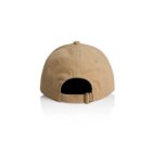 Tan baseball cap shown from the back, featuring an adjustable strap and metal buckle.