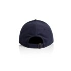 Navy blue baseball cap shown from the back with an adjustable strap and brass buckle.