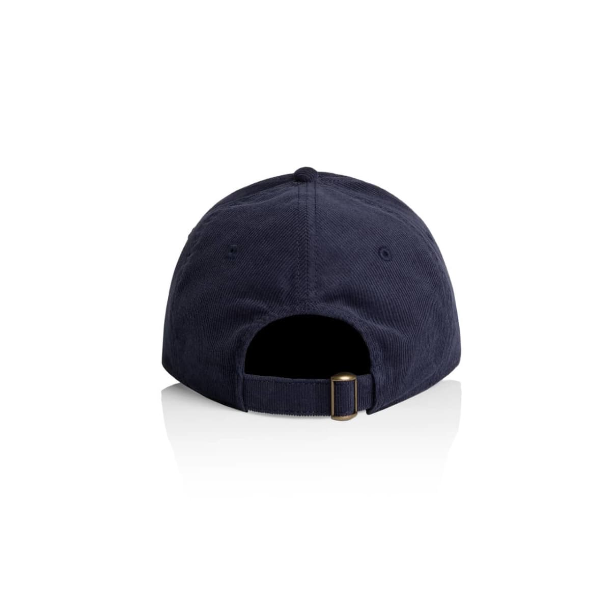 Navy blue baseball cap shown from the back with an adjustable strap and brass buckle.