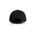 Back view of a black baseball cap with an adjustable strap and brass buckle.