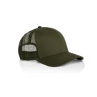 Olive green mesh trucker cap with a curved brim, viewed from a front angle on a white background.