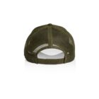Back view of an olive green mesh baseball cap with an adjustable snapback closure.