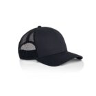 Black mesh trucker cap with curved brim, shown on a white background.