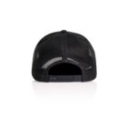 Back view of a black mesh trucker hat with an adjustable snapback closure.
