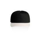 Black baseball cap with a white brim, photographed on a white background.