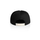 Back view of a black snapback hat with a white adjustable strap, on a white background.