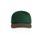 Green cap with a brown brim, viewed from the front on a white background.