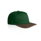 Green baseball cap with a brown brim on a white background.