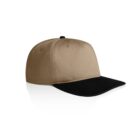 Tan baseball cap with a black brim on a white background.