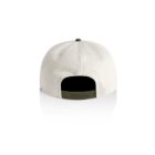 Back view of a white baseball cap with an adjustable green strap.