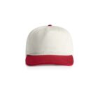 White baseball cap with a red brim and button, shown from the front on a white background.