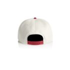 White baseball cap viewed from the back with a red adjustable snap closure.