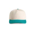 White baseball cap with a teal brim, shown from the front against a white background.
