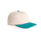 Cream-colored baseball cap with a teal brim and button, shown on a white background.