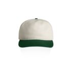 White baseball cap with a green brim, shown on a plain white background.
