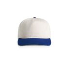 White baseball cap with a blue brim, shown from the front on a white background.