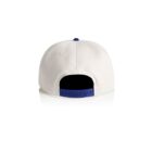 White baseball cap viewed from the back, featuring a blue adjustable snap closure.
