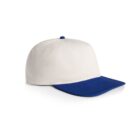 White baseball cap with a blue brim and blue button on top, shown on a white background.