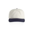 White baseball cap with a dark blue brim, shown from the front on a white background.