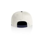 Back view of a white baseball cap with an adjustable navy blue strap.