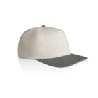 A beige baseball cap with a dark gray brim on a white background.