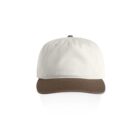 White baseball cap with a brown brim, shown from the front on a white background.