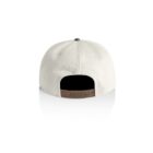 Rear view of a white baseball cap with a brown adjustable strap.