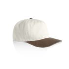 White baseball cap with a brown brim, shown on a white background.
