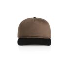Brown cap with a black brim, photographed from the front on a white background.