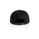 Back view of a black snapback cap with adjustable strap, on a white background.