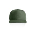Green baseball cap viewed from the front on a white background.
