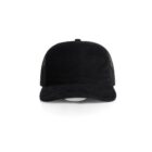 Black corduroy trucker hat with mesh sides, shown from the front on a white background.