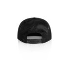 Back view of a black mesh snapback cap on a white background.