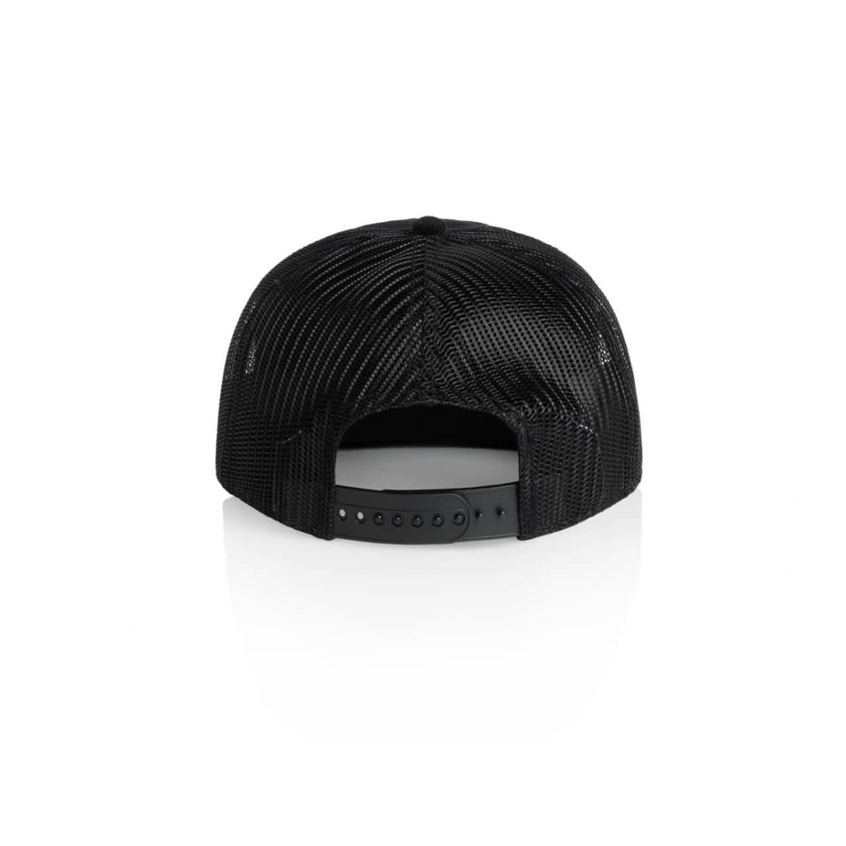 Back view of a black mesh snapback cap on a white background.