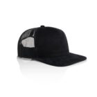 Black trucker hat with mesh back and solid front, displayed on a white background.