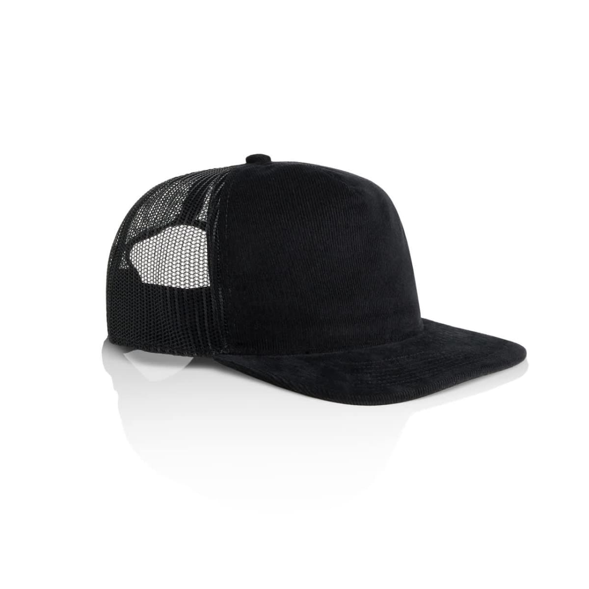Black trucker hat with mesh back and solid front, displayed on a white background.