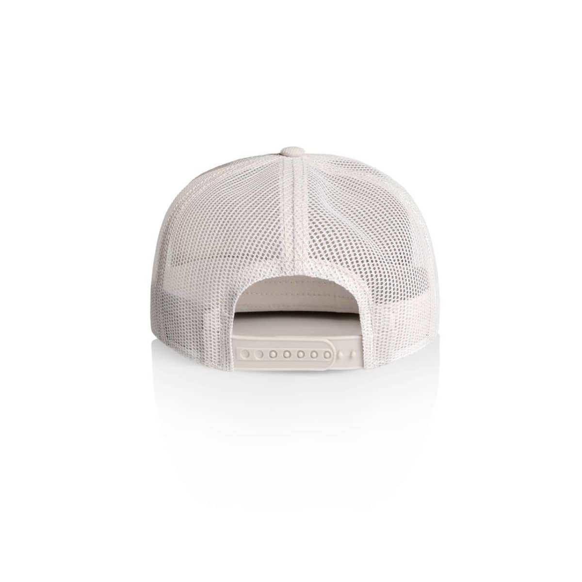 White mesh baseball cap shown from the back with an adjustable snap closure.
