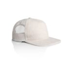 Beige mesh trucker hat with a flat brim, shown on a white background.