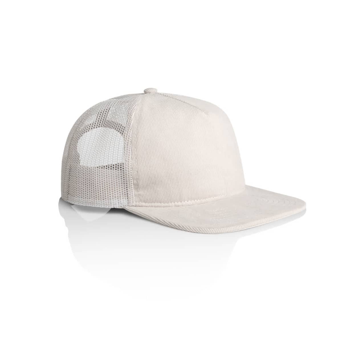 Beige mesh trucker hat with a flat brim, shown on a white background.