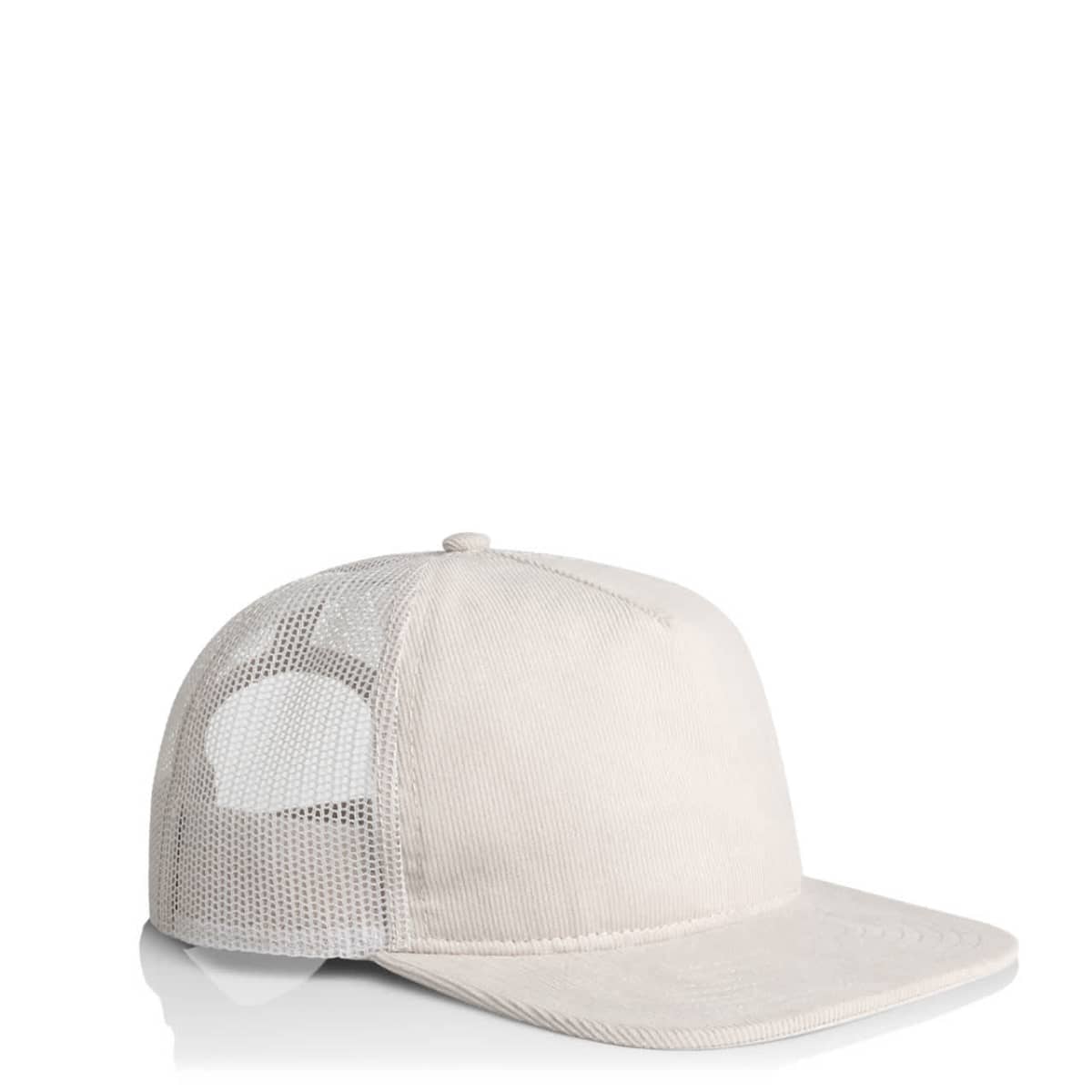 Beige mesh trucker hat with a flat brim on a white background.