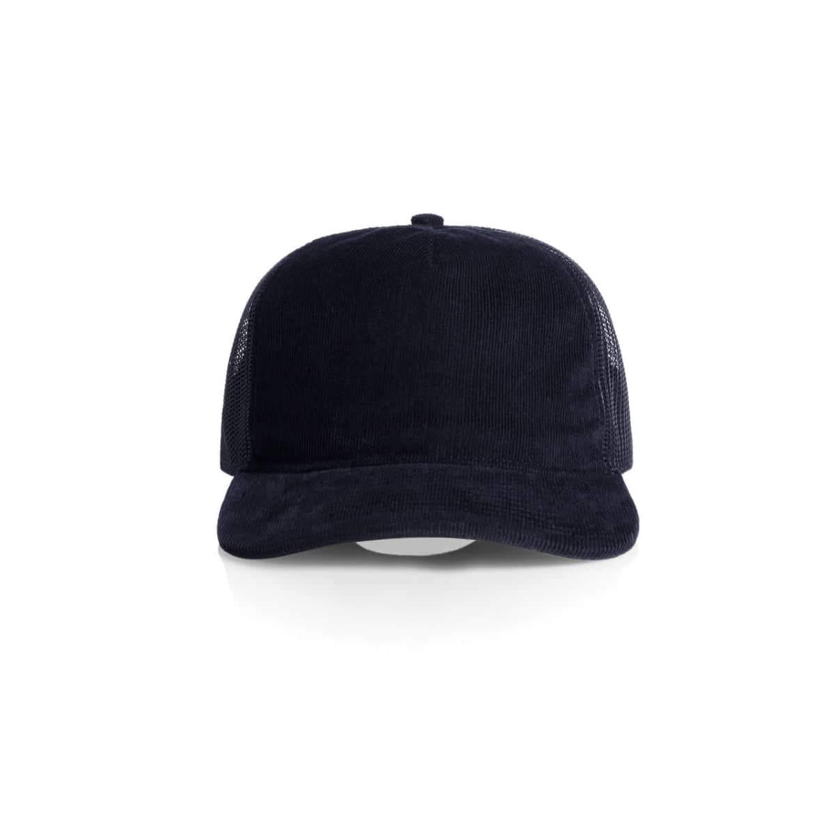 Black trucker hat with mesh sides and a curved brim, photographed on a white background.