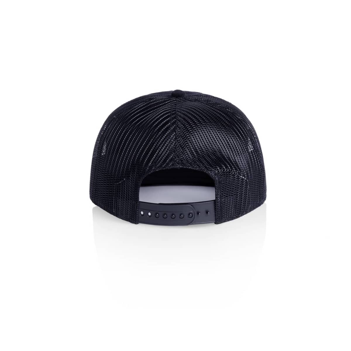Black mesh snapback hat shown from the back against a white background.