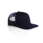 Black trucker hat with mesh back, shown on a white background.