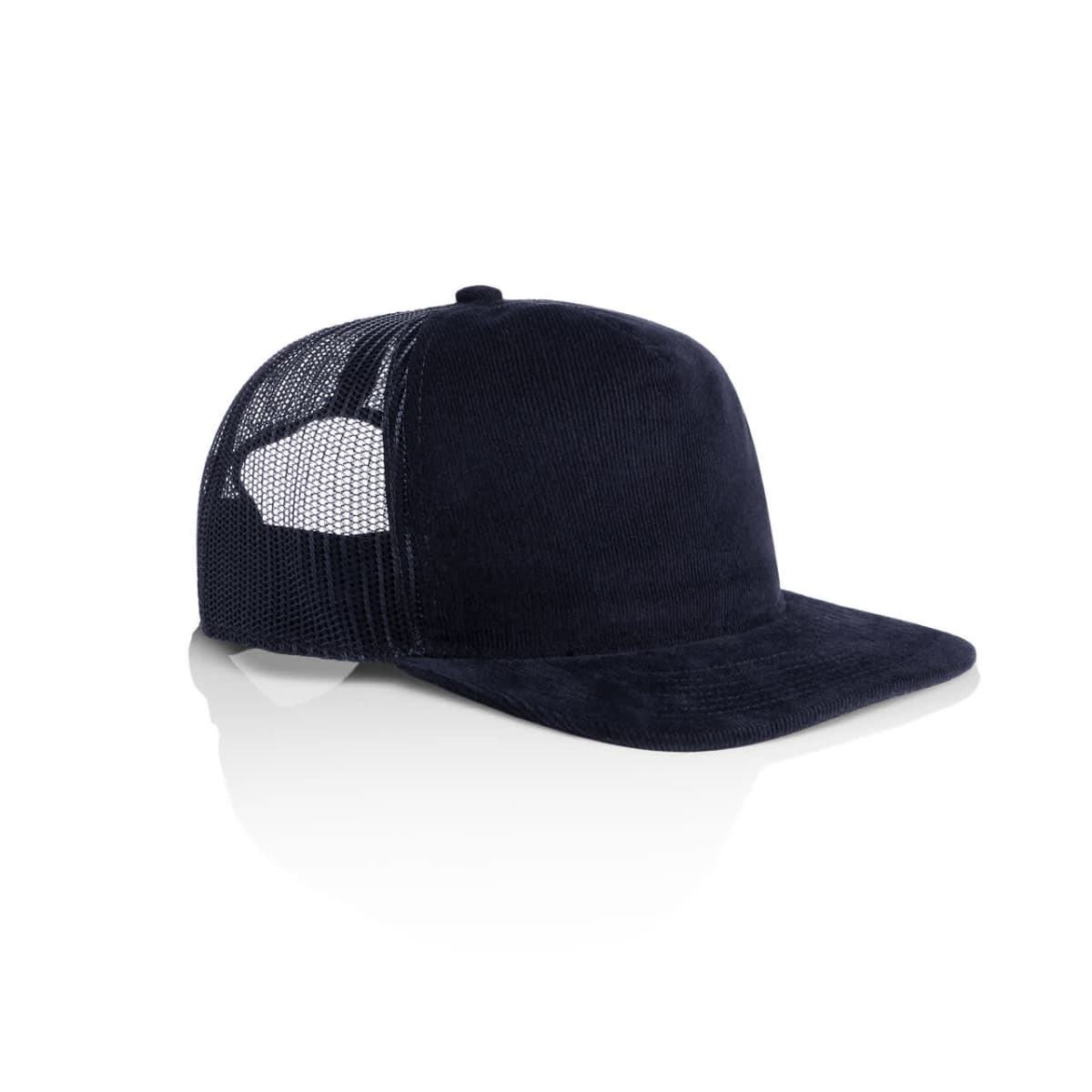 Black trucker hat with mesh back, shown on a white background.