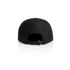 A black baseball cap shown from the back with an adjustable strap and metal buckle.